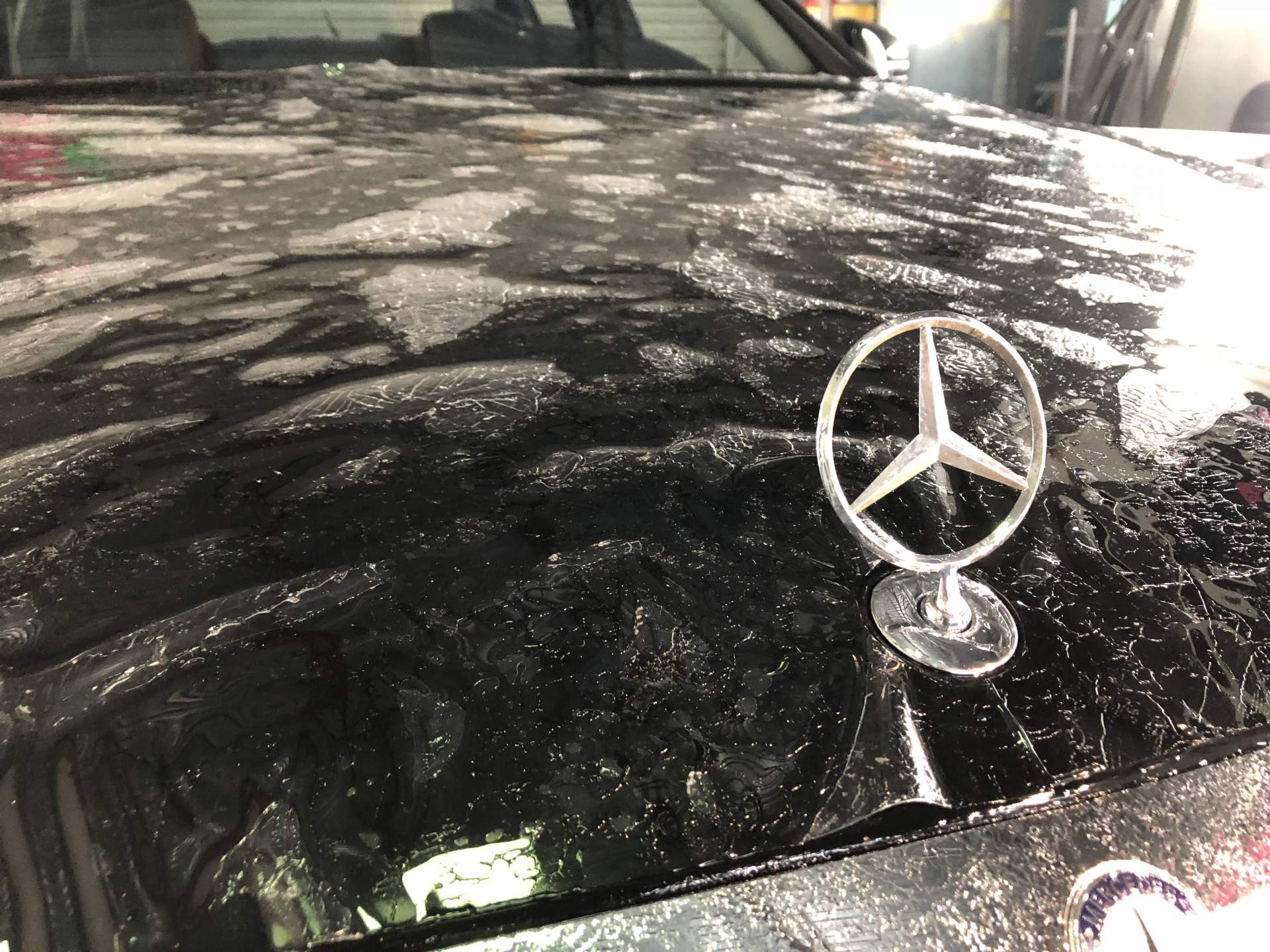 Black Mercedes hood covered in plastic