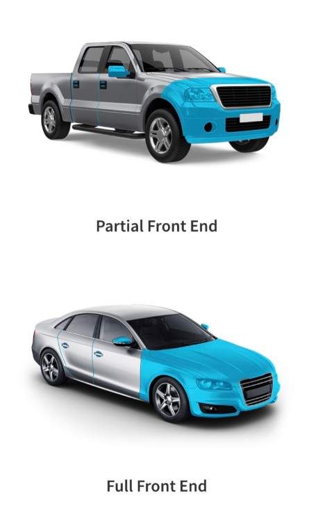 Paint protection film: partial frontend (shown on truck) and full front end (shown on car)